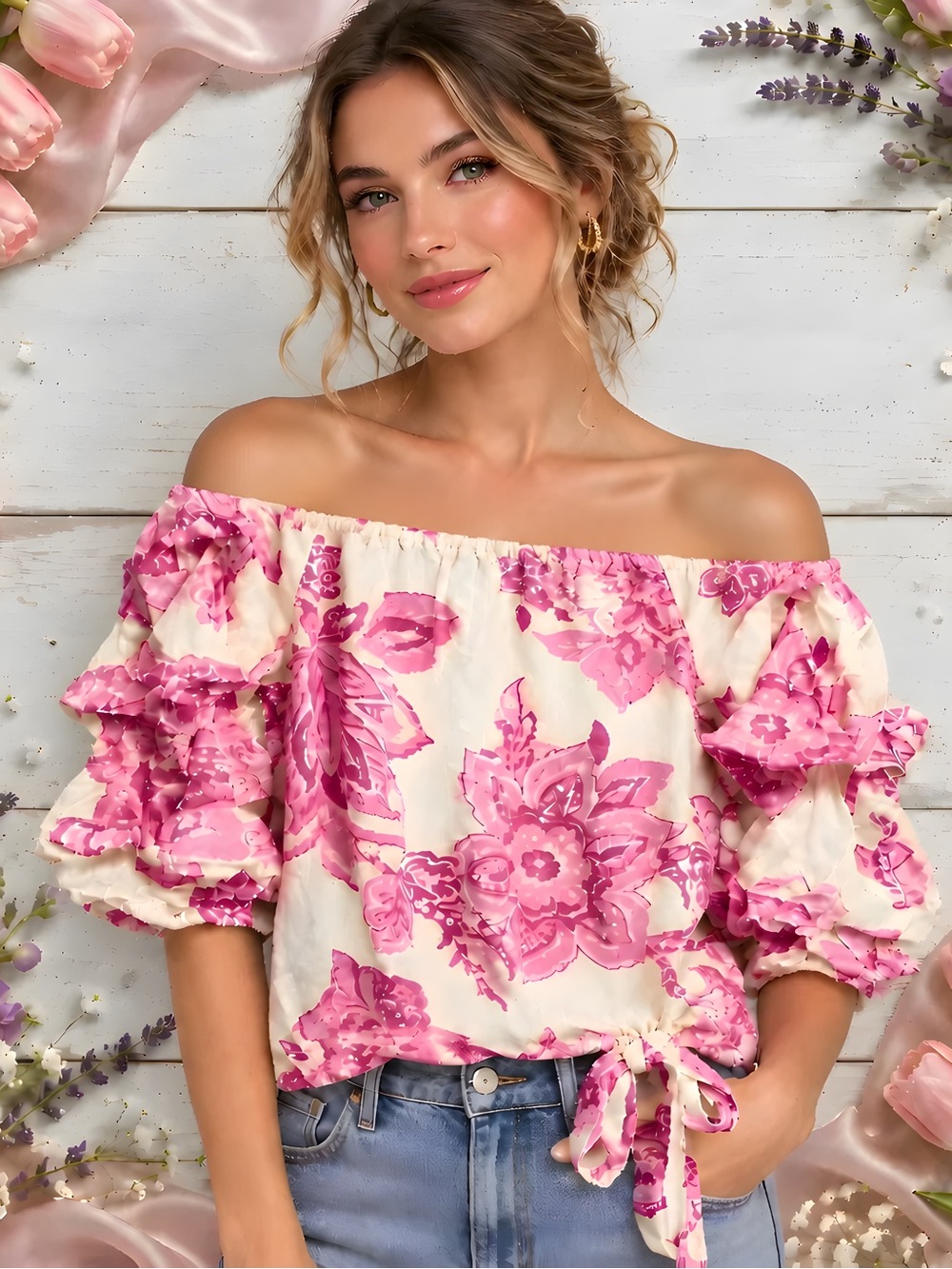 NWT Vince Camuto Floral Linen-Blend Off-The-Shoulder Bubble Blouse S